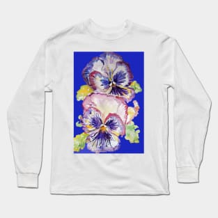 Pansy Watercolor Purple Flower Pattern on Navy Blue Long Sleeve T-Shirt